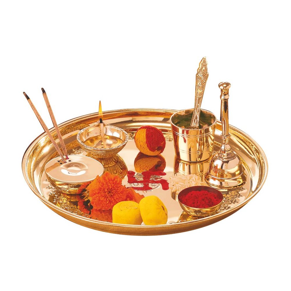 SATVIK 6 Inch Handmade Brass Puja Thali – Engraved Nakashi Design For Hindu Rituals & Home Décor