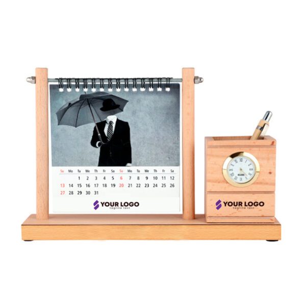 Calendar in built Clock with Wooden Pen Stand